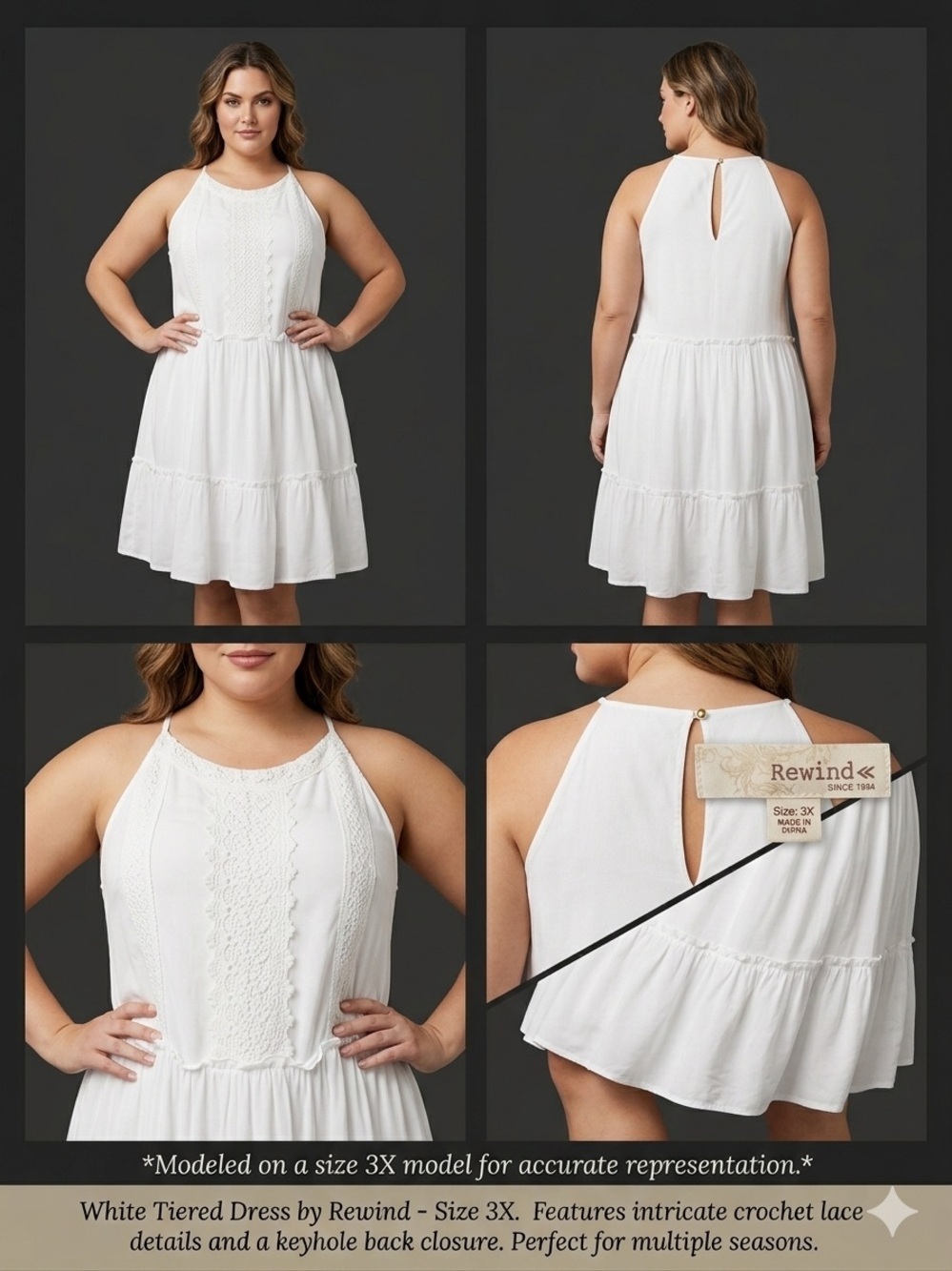 Rewind White Tiered Crochet-Detail Midi Dress